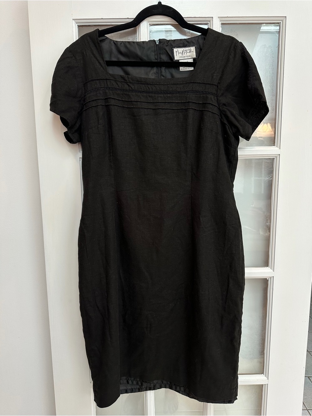 Vintage Mary McFadden Chic Black Gothic Career Midi Linen Dress Size 12 Large